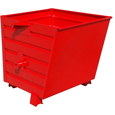 Red metal container with slanting walls. There is an outlet on the side, small feet on the bottom.