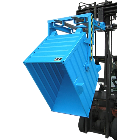 Blue, rectangular container attached to a forklift. Yellow and black stripes on the support arm.