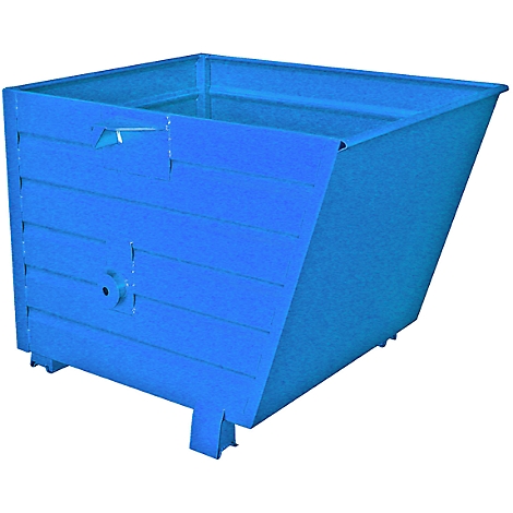 Blue painted metal container with a wide opening. The container stands on legs.
