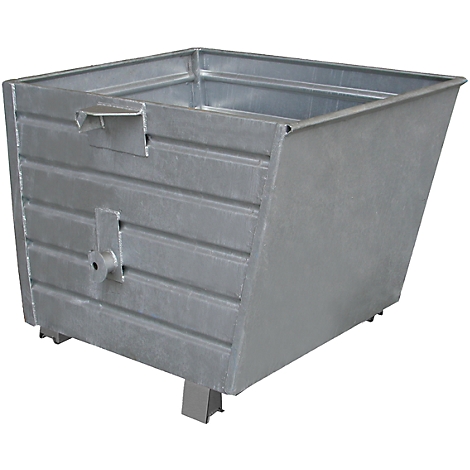 Metal container, angular, gray with reinforced side wall and feet.