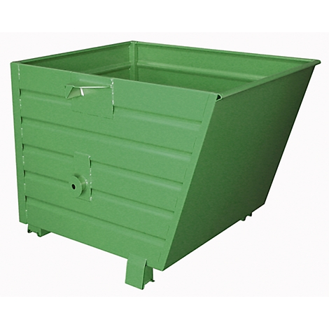 Green, cuboid skip with sloping sides and handles, on four feet. Back wall with horizontal lines.