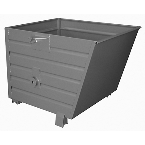 Gray metal box with a sloping side and handles. Standing on small feet.