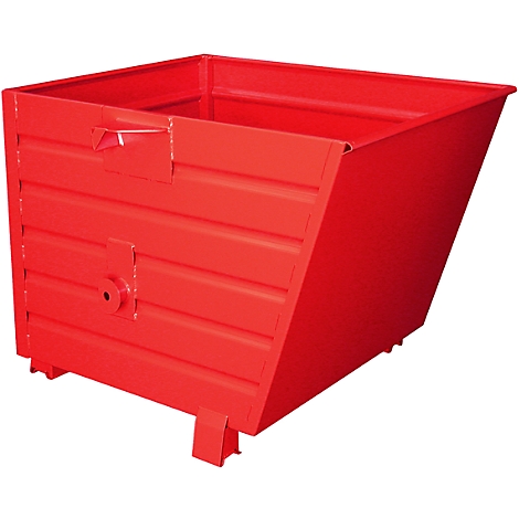 Red metal skip, rectangular shape, with bracket and flap, on feet.