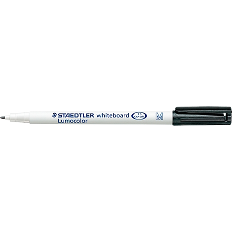 Close-up of a STAEDTLER Lumocolor whiteboard pen. The pen is white with a black tip and cap, with blue lettering.
