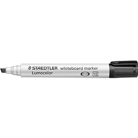White STAEDTLER Lumocolor whiteboard marker. Black tip and cap, with text.