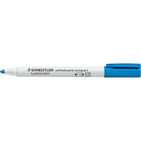 Blue STAEDTLER whiteboard marker with white shaft. Inscription: Lumocolor, whiteboard compact.