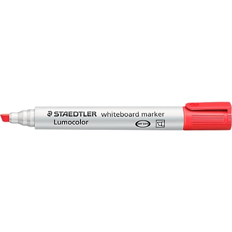 White pen, red lid, with print: STAEDTLER whiteboard marker Lumocolor.