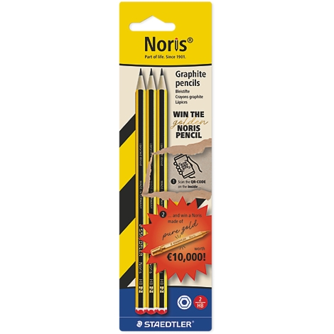 Drei Staedtler Noris Bleistifte in einer gelben Werbeverpackung mit Gewinnspielhinweis auf einen Goldstift.