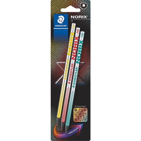 Drei Bleistifte in einer Verpackung. Auf jedem steht "NORIX", der Markenname "STAEDTLER" und der Härtegrad "HB".