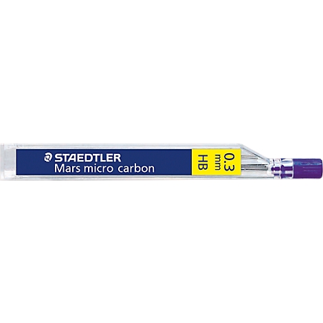 Blue packaging with "STAEDTLER Mars micro carbon" text. Specifications: HB, 0.3 mm.