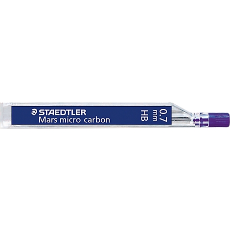 Blue and white Staedtler Mars micro carbon pencil case with text. Inscription: Staedtler Mars micro carbon, HB 0.7 mm.