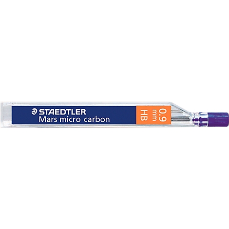 Close-up of a Steadtler Mars micro carbon lead pack. Blue background with orange marking. Inscription: Steadtler, Mars micro carbon, HB, 0.9 mm.