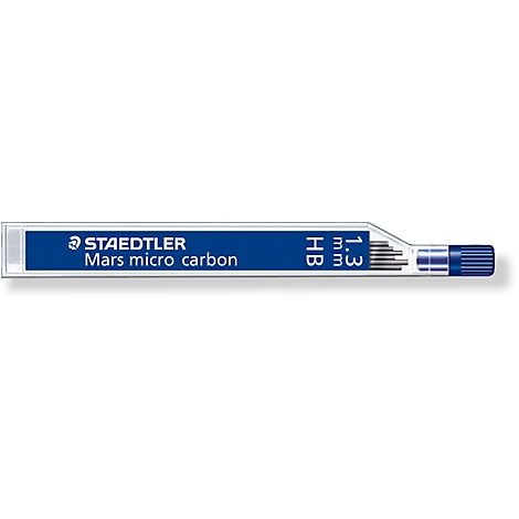A package of STAEDTLER Mars micro carbon leads. On a blue background is the lettering STAEDTLER and Mars micro carbon. Also shown are the properties: HB 1.3 mm and 3ω.