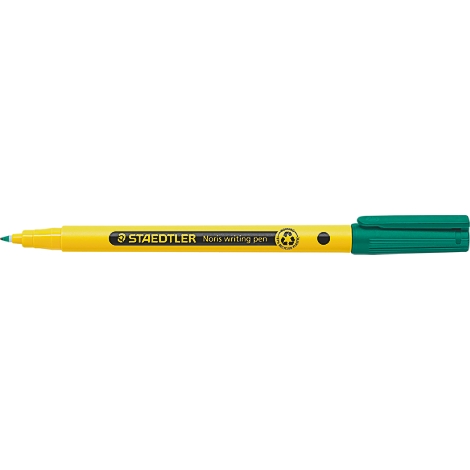 Un surligneur jaune avec une extrémité verte et l'inscription "STAEDTLER".