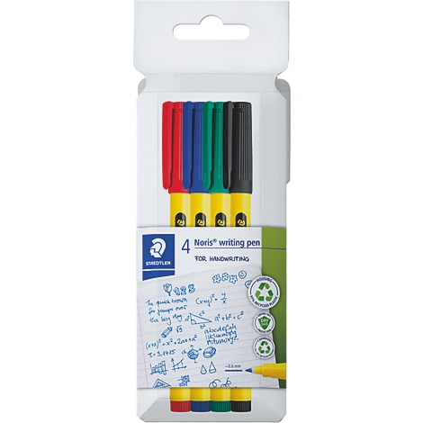 Emballage avec quatre stylos colorés partiellement visibles. En dessous, une feuille avec des formules mathématiques.