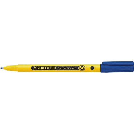 Blue and yellow marker, reading "STAEDTLER Noris Writing pen".