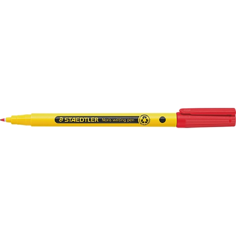 Yellow and red highlighter. The highlighter says "STAEDTLER." The pen has a red cap.
