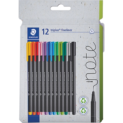 Packung mit 12 farbigen Staedtler Triplus Finelinern in einer Kartonverpackung.