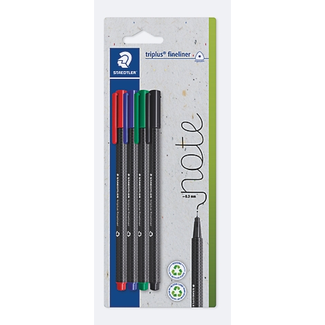 Vier Staedtler Triplus Fineliner in einer Blisterverpackung mit dem Schriftzug note.
