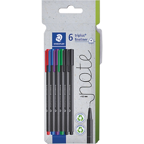 Packung mit sechs Staedtler triplus finelinern in verschiedenen Farben.