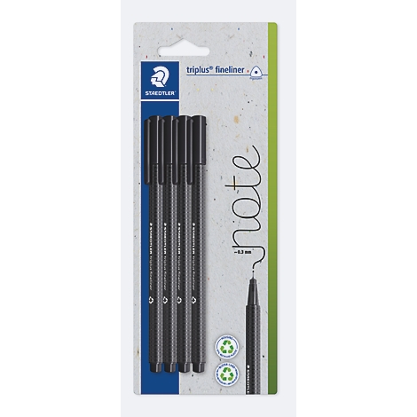 Vier schwarze Staedtler triplus Fineliner in einer Blisterverpackung mit dem Schriftzug note.