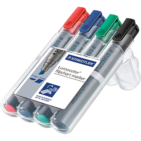 Pack of four Lumocolor flipchart markers in red, blue, green and black. In transparent plastic packaging.