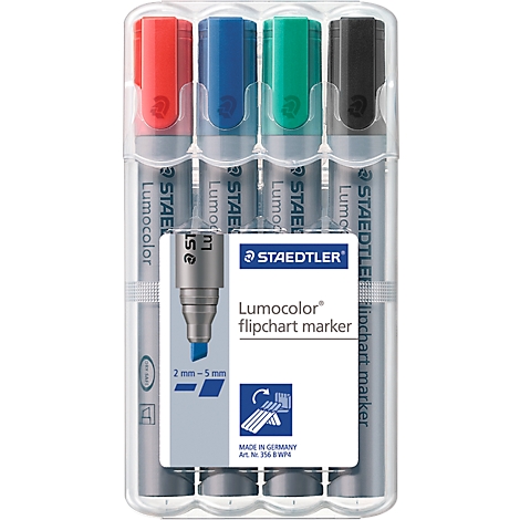 Package of four Lumocolor flip chart markers in red, blue, green, and black. The pens are in a transparent package.