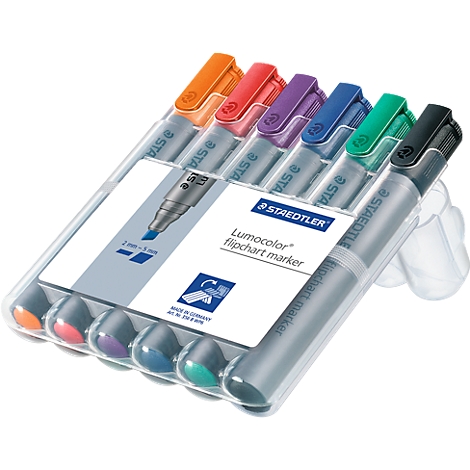 A set of colored highlighters in a transparent plastic packaging, including stickers with product information.