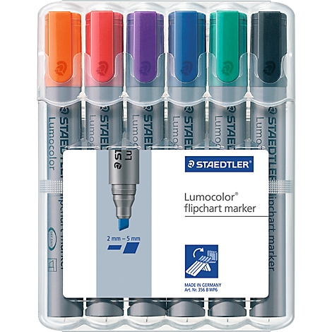 A pack of colorful felt-tip pens in a transparent plastic box. The pens have colored caps and the name Lumocolor.
