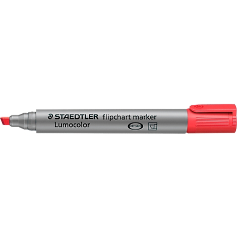 A red STAEDTLER flipchart marker, Lumocolor. The pen has a gray casing and a red tip.