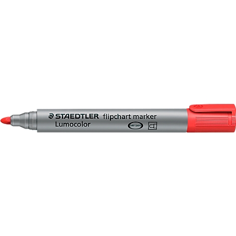 Red Staedtler flipchart marker. Inscription: Lumocolor. Gray body, red cap and tip.