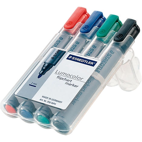 A pack of STAEDTLER Lumocolor flip chart markers with red, blue, green and black cap. The packaging says "flip chart marker."