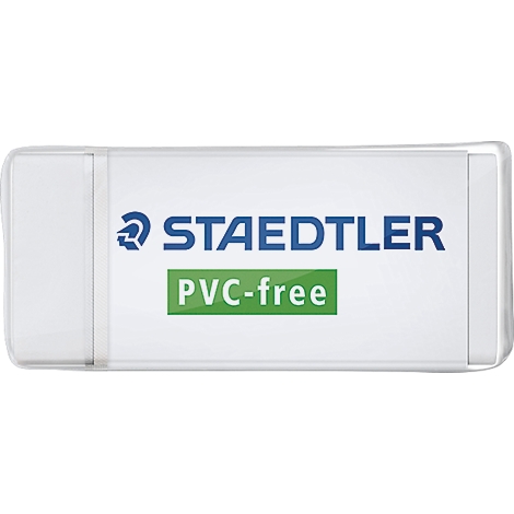 Rechthoekige witte Staedtler gum met blauw logo en groen PVC-vrij label.