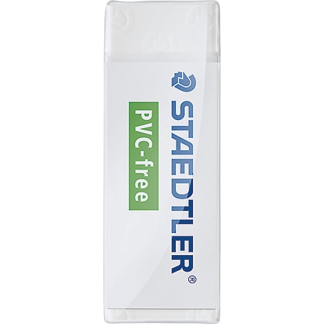 Een witte Staedtler gum in een doorzichtig hoesje met groene PVC-vrije opdruk.