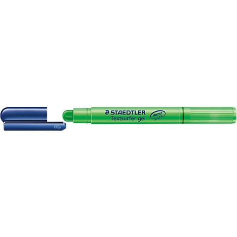 Green highlighter with blue cap. The text "STAEDTLER Textsurfer gel" is visible on the pen.