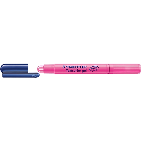 A pink highlighter with a blue cap, partially open. It says "STAEDTLER Textsurfer gel".
