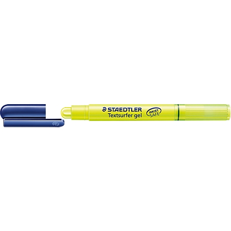 Yellow highlighter with blue cap, with the text 'STAEDTLER Textsurfer gel'.