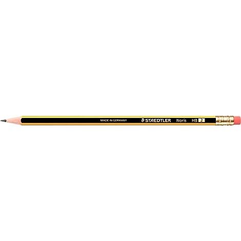 Close-up of a Staedtler pencil. The pencil has a yellow barrel, a black midsection, and a red tip. The barrel says Staedtler.