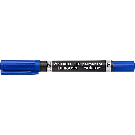 Blauwe viltstift, met de tekst "STAEDTLER permanent Lumocolor duo".
