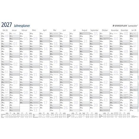Staedtler jaarplanner 2027 met een duidelijk, tabellarisch overzicht van alle maanden, weken en dagen in een licht design.