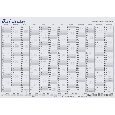 Jaarplanner voor het jaar 2027 van het merk Staedtler in wit en grijs design.