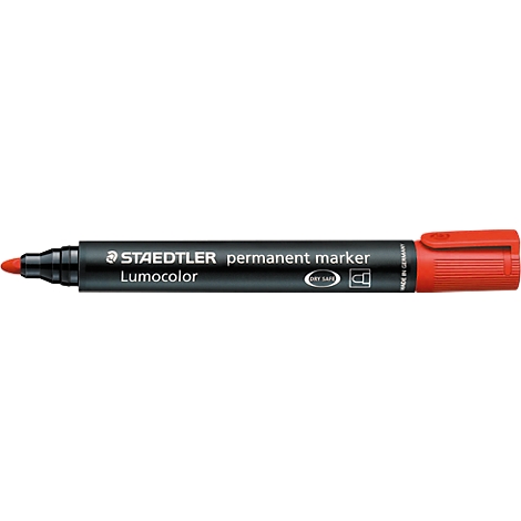 A red STAEDTLER Lumocolor permanent marker. Black barrel, red cap and tip.