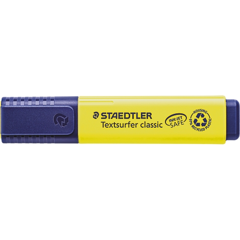 Gele markeerstift met blauwe dop. Opschrift: Staedtler Textsurfer classic.