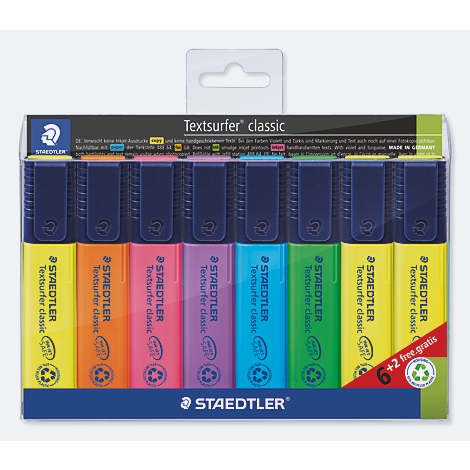 Doos met gekleurde markeerstiften: geel, oranje, roze, paars, blauw, groen. Met merklogo en tekst.