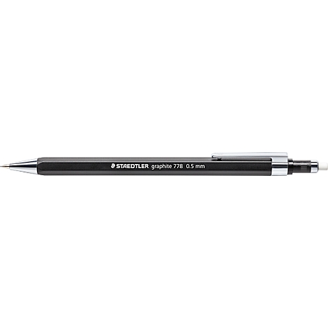 A black mechanical pencil with silver details. The shaft reads "STAEDTLER graphite 778 0.5 mm".