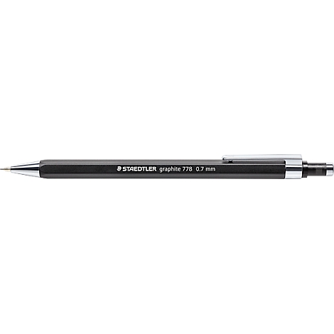 Dark grey mechanical pencil with the writing "STAEDTLER graphite 778 0.7 mm".
