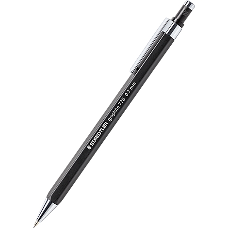 A black mechanical pencil by Staedtler. The pencil reads "STAEDTLER graphite 778 0.7 mm".