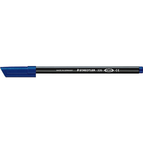 Blue marker with black casing. Inscription: Made in Germany, Staedtler 326, and CE mark.