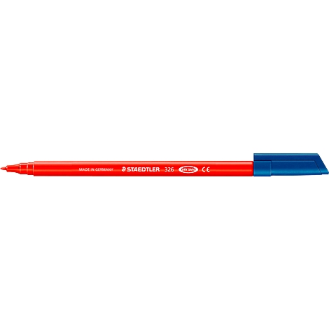 A red highlighter with a blue end. The marker says "STAEDTLER".