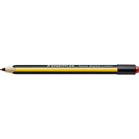 Un stylo Staedtler Noris digital jumbo. Le stylo est jaune avec une tige noire et une pointe rouge. Inscription : Staedtler Noris digital jumbo.